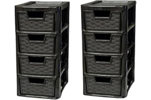 KHANARY Storage Drawer Unit 4 Tier-2 Pack | S/Mini Rattan Black Plastic Chest Tower Cabinet Trolley |Tabletop Desktop Organizer Crafts Files Home Kids Bedroom Kitchen Office School | 26 D x 19 W x 38 H cm