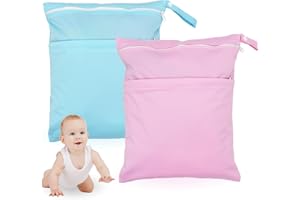 BEAMELY 2Pcs Wet Bag, Cloth Nappy Wet Bags Reusable Wet Dry Bags Waterproof Diaper Bag Washable Zipper Bag Storage Bag for Baby Items Diapers Wet Clothes Daycare Travel Swimming Beach Pool