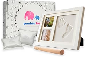 Pookie Boo Kit Empreinte Pieds et Mains Bébé - Cadre Bois, Verre Acrylique, Support pour 2 Photos - Idée Cadeau pour Enfants, Jeunes Mamans et Papas