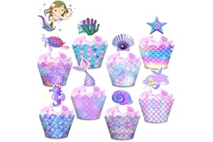 OUOQI Decorazioni per Torte a Forma di Sirena,Set di 24 Sirena Involucri per cupcake,Cupcake Topper e Wrapper,Cupcake Wrapper Custodie,per Sirena Feste Tema di Decorazioni,Feste di Compleanno Decorazioni