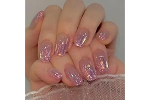 AGASAR 24pcs Short Coffin False Nails, Glitter Purple Stick on Nails Aurora Meteor Ballerina Press on Nails Removable Glue-on Nails Full Cover Fake Nails Women Girls Nail Art Accessories
