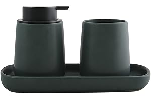MSV Badezimmer Set, 3-teiliges Badzubehör aus Keramik Maonie Seifenspender, Badablage für Schmuck und Zahnputzbecher Dunkelgrün