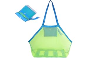 Yesmin XL Extra Large Mesh Beach Tote Bag for Outdoor Swim Pool Childrens and Travel Towels Sand Away Organizer Storage Bags, Foldable & Lightweight (Green mesh Blue bag)