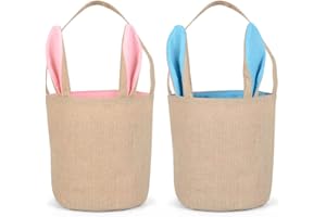 Wishstar Wielkanocny kosz z tkaniny, kosz z uszami królika, 2 kosze z uszami zajączka, torba jutowa, kosz na jajka wielkanocne, niebieski i różowy, do napełniania cukierków wielkanocnych