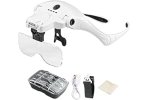 GEEVORKS Gafas Lupa con Luz Led Recargable,Gafas Aumento con Luz,5 Lentes Desmontables (1.0X-3.5X),2 Lupas de Brillo Ajustables,Trabajo de Precisión para Reparaciones, Coser, Joyería
