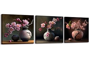 PIY PAINTING Piy Peach Blossom Painting Set of 3, Pink Flowers Canvas Prints Framed Pictures for Living Room, Bedroom, Kitchen - 12x12inch