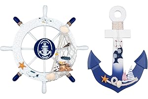 Fangoo 2 Pack 28 CM Rueda de Barco de Madera y 28 CM Ancla de Madera con Cuerda Barco náutico Dirección Timón Decoración de Pared Adorno Colgante de Puerta