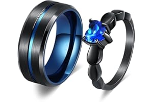 Wycian Ring Herz Stein, Trauringe Titan Bicolor Zirkonia Verlobungsring Saphir Eheringe Blau Schwarz Ringe 2 Stück Partnerringe 6mm/8 Edelstahlringe Schwarz