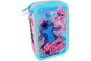 Cerdà Plumier Astuccio Triplo Scuola Stitch & Angel, 3 Zip con Scomparti organizzati, Completo 44 pezzi Colori GIOTTO, Bambina Originale 20 cm Celeste Rosa