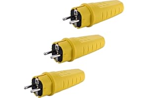SPY-EARPIECE.COM Gumowa wtyczka zasilająca 230 V, 16 A, IP44, wodoszczelna wtyczka, odporna na pękanie, wtyczka Schuko z odciążeniem, wtyczka ze stykiem ochronnym z tulejką chroniącą przed zagięciem (Żółty)