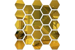 Haohai 24 Pièces Miroirs Muraux Décoratifs, Miroir Acrylique Jardin Adhésif Autocollant, Mural Miroir, Muraux Stickers, Hexagone pour Maison Chambre Salon Décor TV Fond Décoration Décor (6,3 cm/doré)