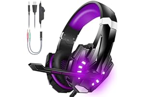 Bengoo Stereo Gaming Headset for PS5, PS4, PC, Xbox One Controller, Noise Cancelling Over Ear Headphones with Mic, LED Light, Bass Surround, Soft Memory Purple