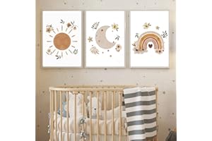 YOUIHOM 3 Poster Boho Laminas Bebe a3 Sol Luna Arcoiris Cuadros Infantiles Lienzo Decorativo Beige Regalo 30x40 sin Marco
