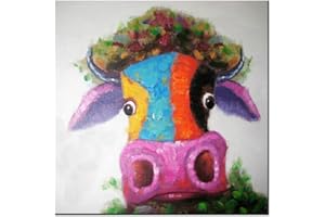 Tableau Fokenzary fait main encadré prêt à accrocher vache/taureau pop multicolore, Toile, multicolore, 16x16in
