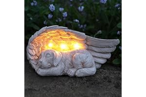 Festive Lights Statue Solaire Commémorative pour Chats ou Chiens - Croix et Cœur Lumineux - Mémorial - Éclairage LED Blanc Chaud (Pile Rechargeable Incluse) Waterproof 21cm (Chien Ailé)