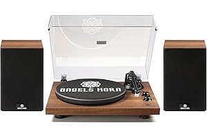 ANGELS HORN Platine Vinyle Tourne-Disque Système HiFi Bluetooth avec Enceintes d’Étagère Courroie 2 Vitesses Préampli Phono Intégré Cartouche AT-3600L