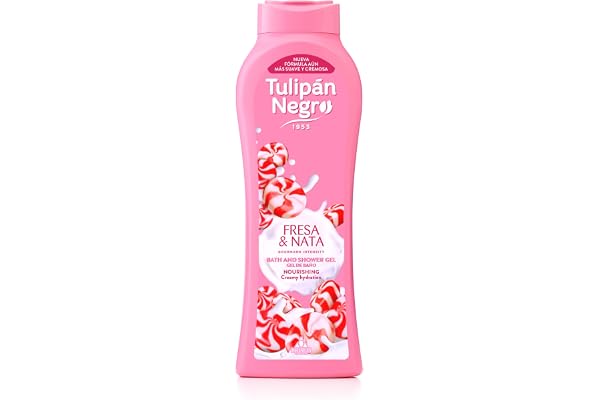 Tulipán Negro Gel de Baño Fresa y Nata, 650 ml | Gel de Ducha Nutritivo e Hidratante con Extracto de Fresa y Fragancia a Nata para una Piel Suave y Perfumada