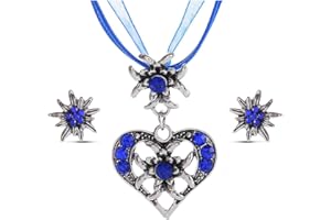 Bieiyhe Trachtenschmuck Damen Set, Dirndl Schmuck Oktoberfest Accessoires, Trachtenkette und Ohrringe, Outfit zum Oktoberfest, Dirndl Halskette, Dirndlschmuck Herz mit Edelweiss