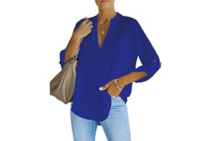NONSAR Chemisier élégant à col en V pour femme Henley Chemisier ample à manches enroulables