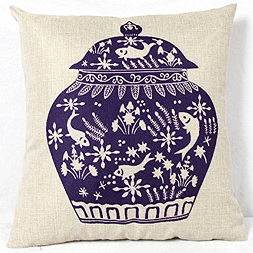 Vanki Chinese style Cotton Linen Square Decorative Throw Pillow Case Cushion Cover 18 x 18 inches , blue and white porcelain vase pattern