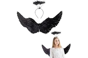 Winwild Bambini Ali d'Angelo Nero con Aureola Ali d'Angelo 60CM Angelo Diavolo Fate Costume Accessori per Halloween Carnevale Cosplay Party Carnevale Travestimento
