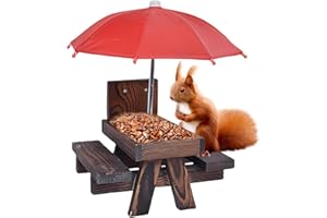 MEGYAD Eichhörnchen Futterhaus Eichhörnchen-Feeder: Wetterfest Eichhörnchen Picknicktisch Holz zum Hängen, Eichhörnchen Futtertisch mit Regenschirm und Maisständer, für Garten Balkon