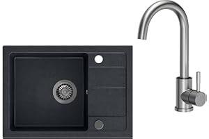 VBChome Lavello da incasso in granito nero con rubinetto, 62 x 44 cm, lavello singolo da incasso, reversibile, con sifone, dispenser