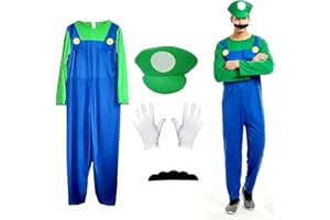Soanwind Party Costumes, 4 Pack Cosplay Costume Accessories Kits with Bodysuit, Hats Cap, Mustaches, White Gloves, Bros Fancy Dress Green Outfit Costume for Women or Men（Green）