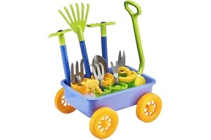 Delex Pull along Kids Wagon Wheelbarrow and Gardening, Beach and Tools Play Set With Water Pail and Spray Includes 10 Accessories and 4 Plant Pots