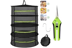 Abiemuce Trockennetz Kräuter, 4-Lagiger Kräutertrockner Hängend, Trockennetz mit Astschere und Haken, Reißverschluss Klappbar Trocknungsnetz, für Kräuter, Pflanze, Gewürze (Grün+Schwarz) (4-Lagiger)