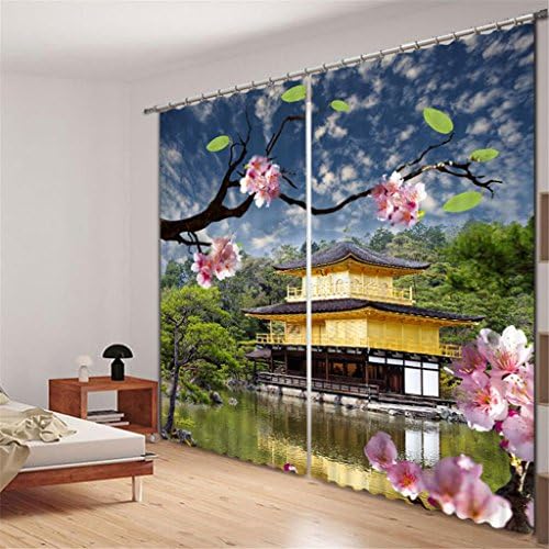 KKLL Curtains Polyester 3D Three dimensions The seaside Houses Digital printing Home Decoration Window Drapes Panel , 2 , wide 3.2x high 2.7