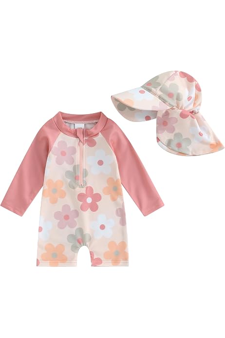 Combinaison De Bain Bébé Fille Anti-UV Manches Longues - Maillot 1 Pièce Avec Fermeture Éclair & Chapeau - Piscine Plage Protection Solaire