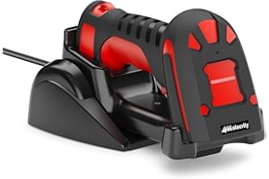 Alacrity Upgraded 2D Industrial Barcode Scanner with Wireless Charging Stand, Bluetooth & 1968 Feet Transmission Distance 433Mhz Wireless 2in1 Barcode Reader, Shock Dust Proof Hands Free, Red