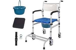 Wisging 3 in 1 leichter Duschwesen Rollstuhl, Nachttransportstuhl mit Rädern, Rollstuhlhöhe und Pedal verstellbar, Toilettenrollstuhl für ältere Menschen, Behinderte (Silber)