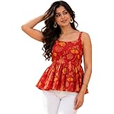 feranoid Women Cotton Printed Sleeveless Strap Peplum Top