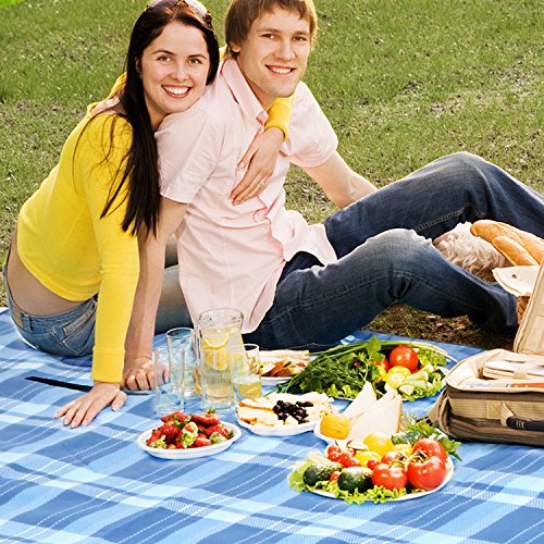 INTEY Picknickdecke 200 x 175 cm mit Weicher Fleece Oberseite und Wasserabweisender Unterseite, Riesengroße Campingdecke mit Handgriff, Blau/ Weiß - 6