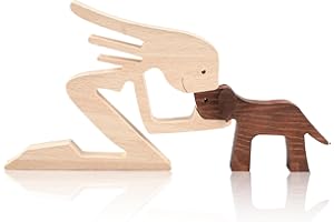 Elkflee Wooden Family Dog Statue, Cute Wooden Carving Ornaments Women Kiss Puppy Handmade Sculpture Creative Decoration for Home Office Desktop