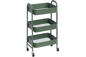 DOEWORKS Carrello con Ruote Portatutto Carrello Cucina Metallo Carrellino 3 piani dei Libri Carrello Portaoggetti per Camera Bagno Ufficio, Verde