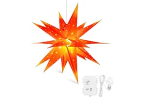 ‎QIJIEDA 3D Weihnachtsstern Beleuchtet Außen Batterie mit Timer (45cm, Rot-Gelb)