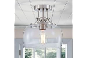 WUZUPS araña rústica casa de campo industrial redonda semi-empotrado techo led lámpara con pantallas de vidrio transparente para el baño cocina vestíbulo entrada, H25 W25, níquel cepillado