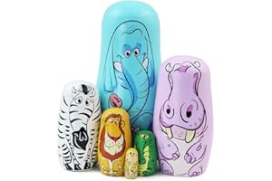 Boerni Set of 6 Animal Wooden Nesting Doll,Cartoon Elephant Hippo Zebra Lion Crocodile Monkey Handmade Russian Matryoshka Dolls Stacking Toy for Kids Gift Easter Christmas Birthday Party Home Décor
