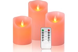 OSHINE Candele LED Candele senza fiamma con timer: candele elettriche tremolanti 4 "5" 6" Set di 3 cera reale Telecomando a 10 pulsanti con funzione timer 2/4/6/8 ore, timer 24 ore(rosa)