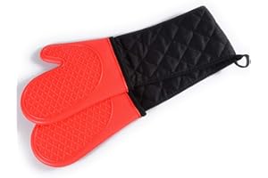 ATWG Double Oven Glove, Non-slip Kitchen Oven Mitts with Cotton Lining, Extra Long Silicone Oven Gloves for Grilling, Cooking, Baking, Microwave, Heat Resistant to 500 Degrees (Red)