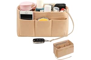 HOVCEH Sturdy Bag Organiser with Key Chain, Tote Bag Organiser Insert, Felt Handbag Organiser Insert with Multiple Compartments and Zips for Tote Bag (27 * 15 * 16 cm)