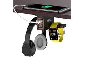 ALACOO Headphone Stand with USB Charger Under Desk Headset Holder Mount with 3 Port USB Charging Station (20W PD & QC3.0) and iWatch Stand Smart Watch Charging Dock Dual Earphone Hanger Hook,UL Tested