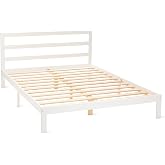 Amazon Basics Wooden Bed with Headboard, Solid Pine Wood, Includes Slatted Base, 16 x 200 cm, White