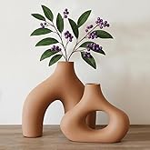 PUREZENTO Abstract Brown Ceramic Donut Vase 5.4 & 7.7 Inch - Set of 2 | Decorative Unique Modern Vase for Dried Flowers & Pam
