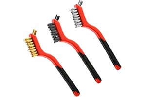 QHC SEHEN Wire Brush Set for Rust, Dirt & Paint Scrubbing with Deep Cleaning in Holes, 3pcs Brass/Stainless Steel/Nylon Brushes with Curved Handle Grip