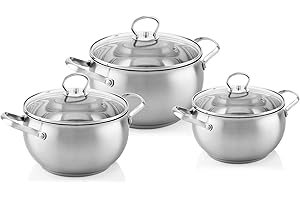 Florina - Alex, Batteria da cucina in acciaio inox, 6 pezzi, adatte per induzione, 3 pentole, 3 coperchi in vetro, adatte per tutti i tipi di cucina, lavabili in lavastoviglie