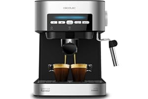 Cecotec Macchina da caffè espresso Power Espresso 20 Matic. 850 W, 20 Bar, 1,5L, Braccio Doppia Uscita, Vaporizzatore, Superficie Scaldatazze, Finiture in Acciaio Inossidabile, Nero/Argento